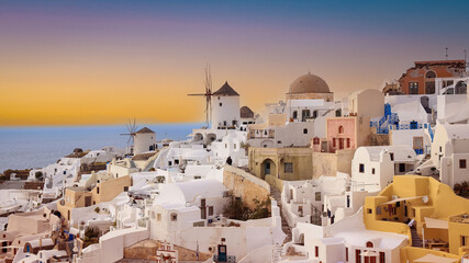 The famous of landscape view point as Sunset sky scene at Oia town on Santorini island, Greece