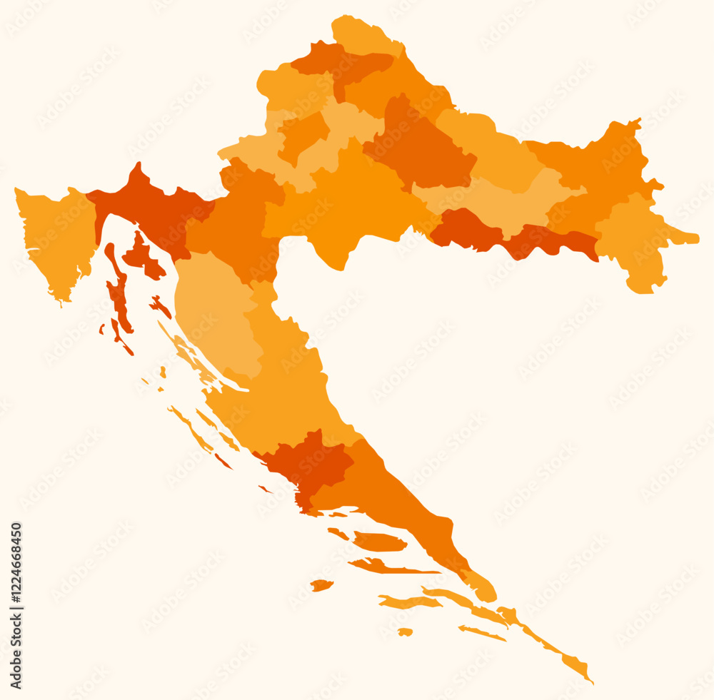 Poster map of croatia with regions. a simple country border map with regional division in an orange color p