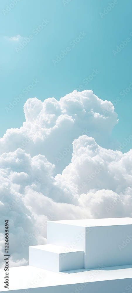 Poster a podium with angular edges on a soft white surface, surrounded by soft, fluffy clouds in a clear sk