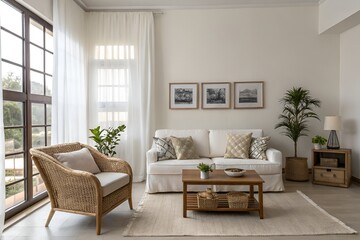 bright living room design, white sofa in farmhouse boho interior style