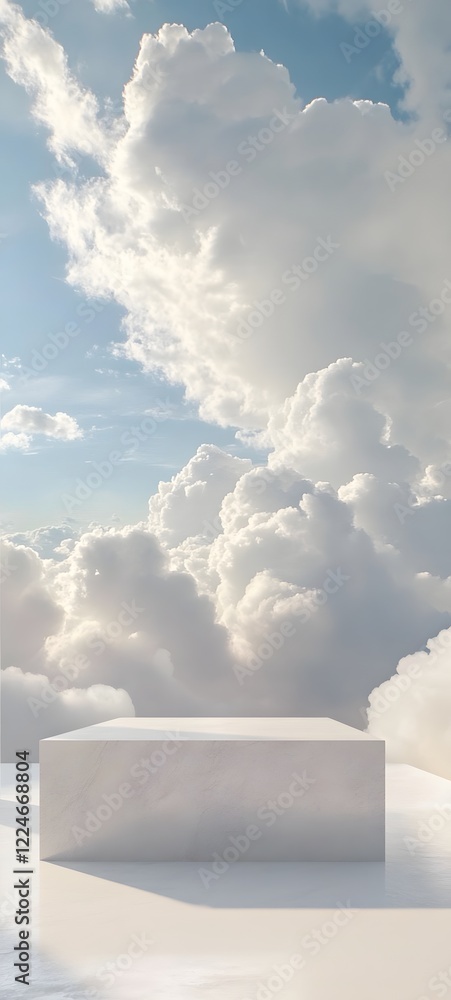 Poster a podium with angular edges on a soft white surface, surrounded by soft, fluffy clouds in a clear sk