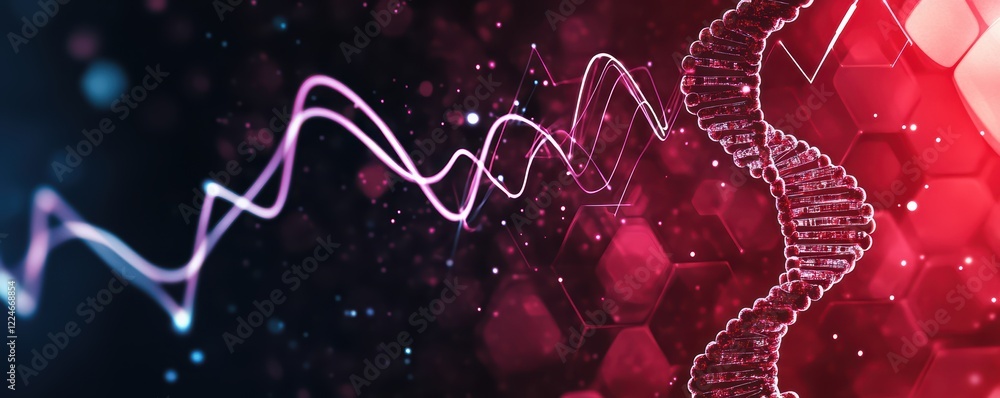 Poster abstract digital dna strand with hexagonal background and light effects