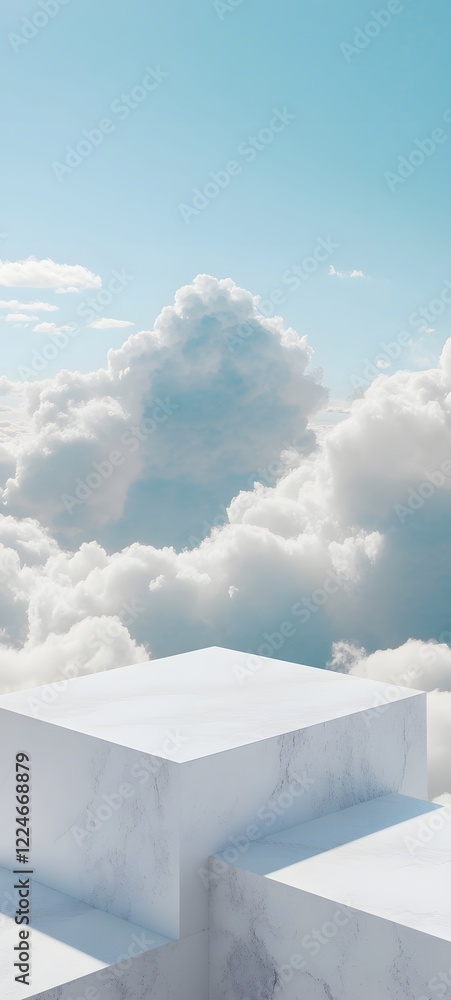 Aufkleber a podium with angular edges on a soft white surface, surrounded by soft, fluffy clouds in a clear sk