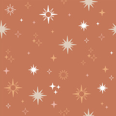Line art stars and sparks terracotta seamless pattern vector