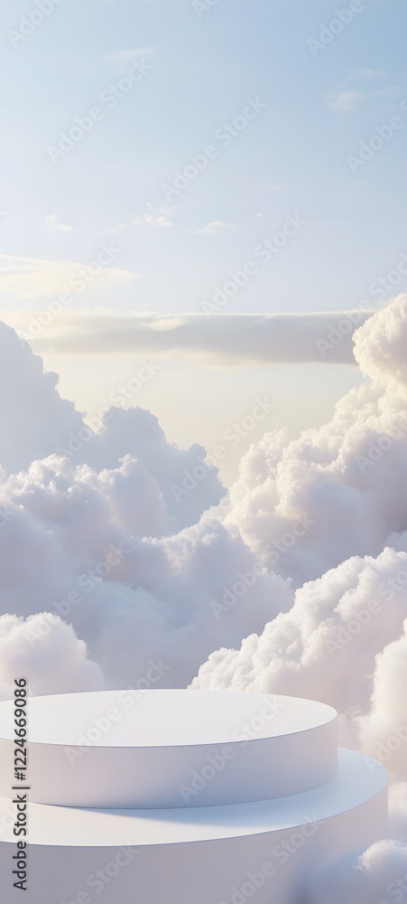 Poster a podium with angular edges on a soft white surface, surrounded by soft, fluffy clouds in a clear sk
