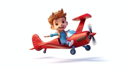 A cartoon boy flies a red airplane.