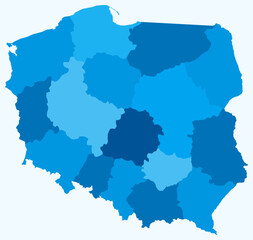 Map of Poland with regions. Just a simple country border map with region division. Light blue color palette. Blank Poland shape with administrative division. Vector illustration.