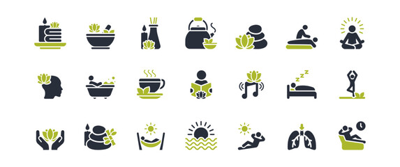 A curated collection of vector icons representing relaxation, yoga, meditation, spa treatments, and natures calm. Perfect for inspiring selfcare themes and enhancing wellness projects