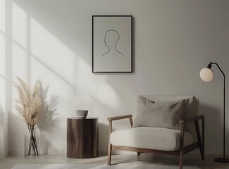 A minimalist Scandinavian living room with a white wall backdrop, featuring a dark wooden side table, a comfortable armchair, and a modern floor lamp