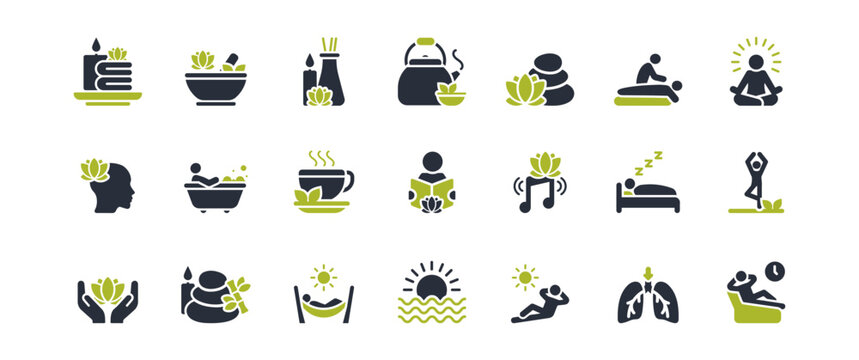 A curated collection of vector icons representing relaxation, yoga, meditation, spa treatments, and natures calm. Perfect for inspiring selfcare themes and enhancing wellness projects