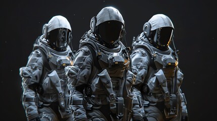 Fototapeta premium Three astronauts in futuristic space suits.