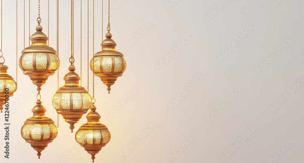 Poster elegant hanging lanterns with intricate patterns and warm glow