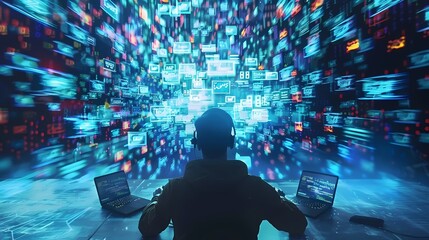 Person mit Kopfh&ouml;hrern vor vielen digitalen Informationen.