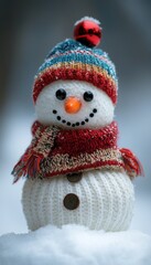 Winter Snowman in Knitwear, Snowy Landscape