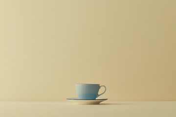 A minimalist photo of a white and blue porcelain mug and saucer, placed against a pale beige background.