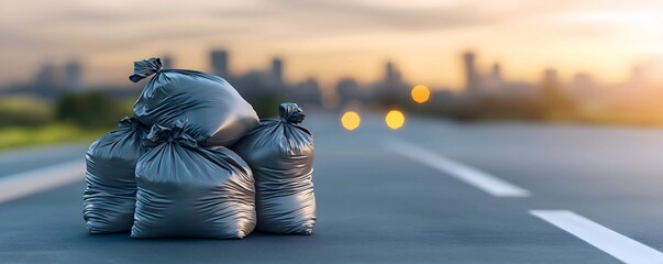 Obraz premium Urban neglect at dusk: A pile of garbage bags sits forlornly on a city street, a stark contrast to the blurred cityscape in the background.