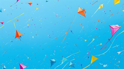 An illustration of colorful kites flying in a blue sky.