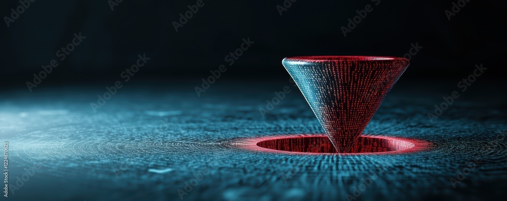 Poster digital red cone emerging from futuristic matrix on black background