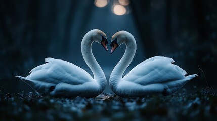 Obraz premium Two Swans Gently Form Heart Shape Romantic Blue Twilight Scene. AI Generated