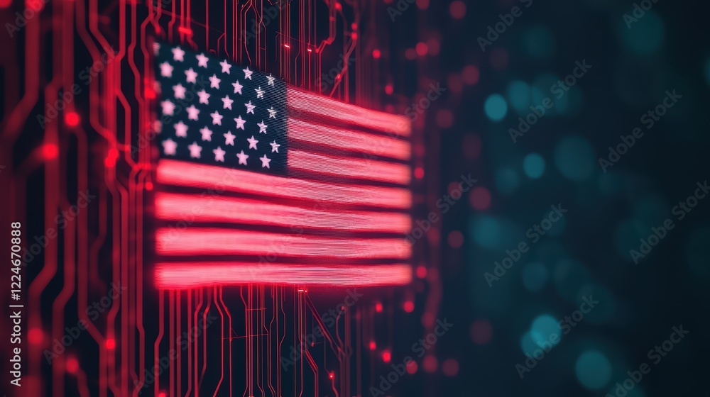 Aufkleber digital american flag on circuit board with red glow and bokeh effect