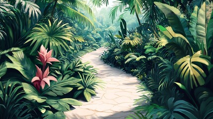 Lush tropical path winds gently through vibrant green foliage bathed in soft sunlight. AI Generated