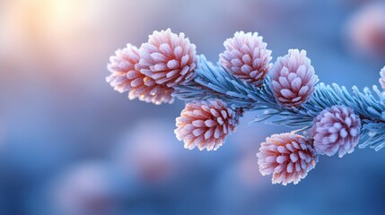 Frost-covered pine branch with delicate cones.