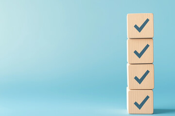 Checklist concept. Correct sign tick check mark on wooden block with copy space for the checklist on blue background. Business survey questionnaire, Exam test process
