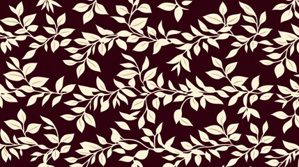 Elegant Beige Leaves on Dark Burgundy Background Seamless Pattern