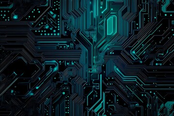 Abstract close-up of a glowing blue digital circuit board, showcasing intricate connections and technological design on a black background.
