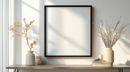 A mockup of an empty black frame on the wall