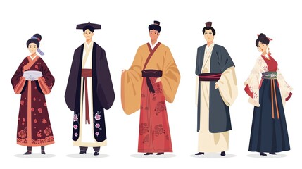 Cartoon illustration of people wearing traditional Chinese clothing.