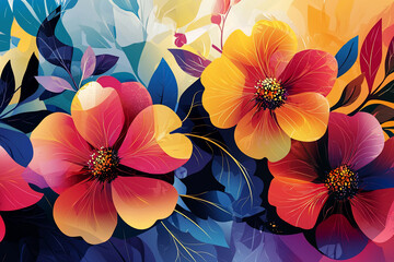 Obraz premium Vibrant floral illustration featuring colorful flowers and lush foliage against a dynamic background