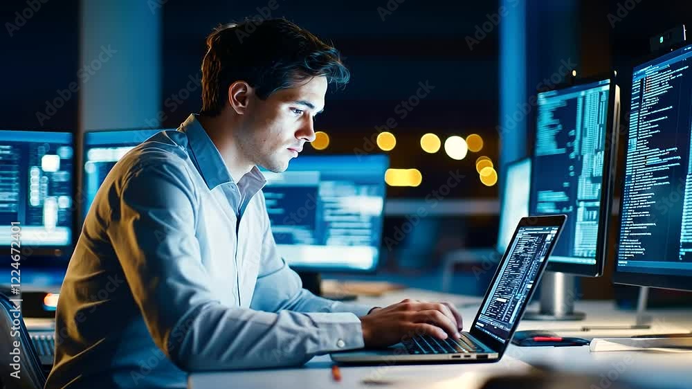 Aufkleber a dedicated software developer coding into the night in a dimly lit office.