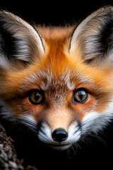 Obraz premium A close-up portrait of a red fox, showcasing its vibrant orange fur and expressive eyes against a dark background.