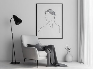 A minimalistic Scandinavian living room with an elegant armchair, black lamp, and a poster of a big line art portrait of a man on the white wall