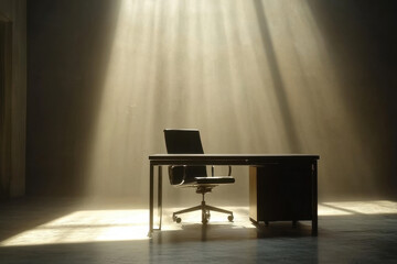 Fototapeta premium Sunlit executive office with wooden desk and soft ambient lighting