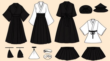 Elegant Black and White Japanese Kimono Fashion Design Illustrations