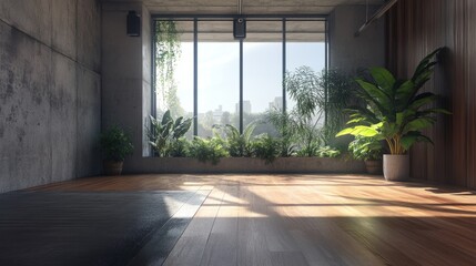 Spacious loft interior showcasing an empty room with sleek concrete and wood plank walls, warm parquet flooring, and plants by a large panoramic window.