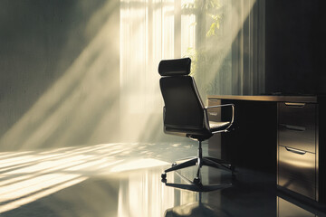 Modern executive office with wooden desk bathed in golden sunlight