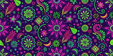 Vibrant Neon Floral Pattern with Psychedelic Swirls and Geometric Shapes for Textile Design