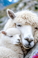 Obraz premium A gentle white llama and its fluffy cria snuggle close together in a serene outdoor setting, showcasing their bond and warmth.