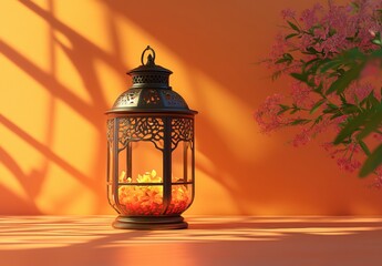 Elegant Lantern with Warm Glow Against Vibrant Orange Background