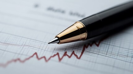 Close-up of pen on financial graph showing upward trend.