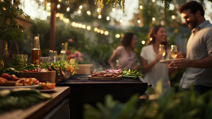 Joyful Backyard Barbecue with Friends, Grilled Food, and Sunset Glow