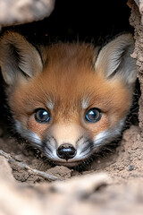 A cute red fox peeks out from a burrow, showcasing its bright eyes and soft fur in a natural setting.