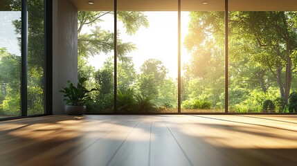Obraz premium Bright and Airy Room Featuring Expansive Window Allowing Natural Light to Flood the Space Complemented by Warm Wooden Flooring Creating a Cozy and Inviting Atmosphere for Relaxation