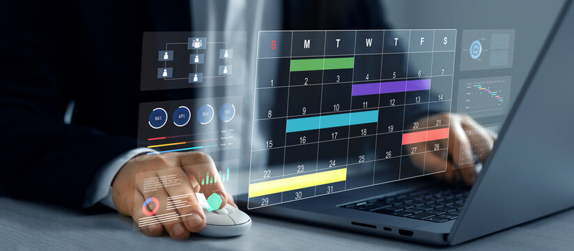 Businessman manages time to work efficiently and on time on all projects. Calendar work schedule, business plan concept.Managing a scheduled meeting.