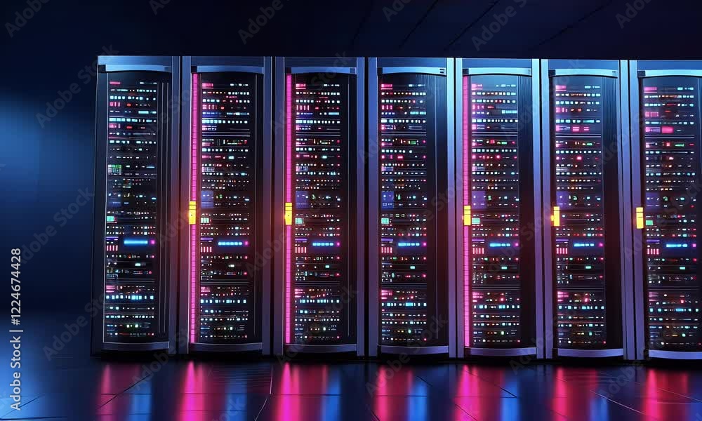 Aufkleber Neon-lit server room; data center; network infrastructure; digital technology; background; website use