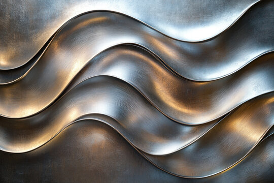 Metal wall with wavy lines reflecting sunlight, creating abstract patterns.