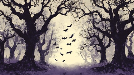Fototapeta premium Spooky silhouettes of gnarled trees frame a flight of bats soaring towards an ethereal glow. AI Generated
